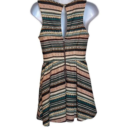 Teeze Me Juniors 3 Brown Tan Stripe Aztec Print Scoop Neck Fit And Flare Dress - Picture 2 of 8